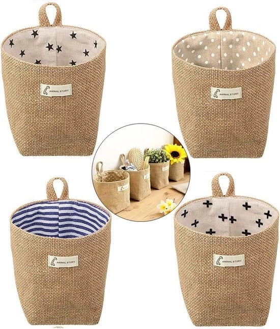 4 contenitori di stoccaggio, tessuto di lino, appesi al muro, contenitori di stoccaggio pieghevoli con maniglia S e ganci J per giocattoli, trucco, chiavi, piccoli oggetti