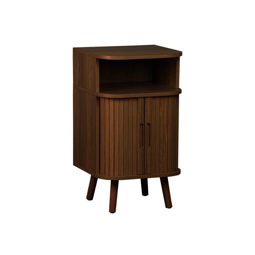 Comodino scandinavo decorazione legno 2 porte scorrevoli, marrone