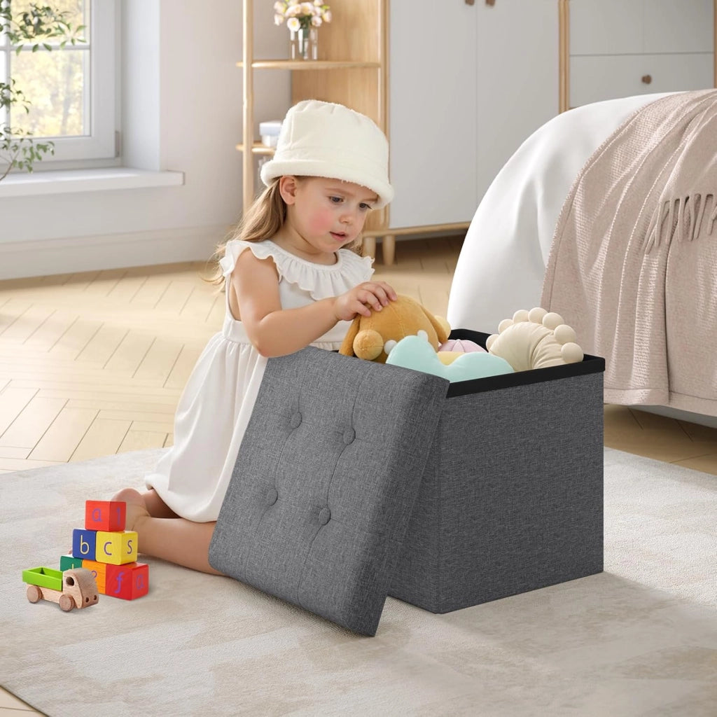 Pouf con Contenitore, Puffo Pieghevole con Coperchio, Poggiapiedi Divano, Cubo Seduta con Ripiano, per Soggiorno o Camera da Letto, 30x30x30 cm, Grigio Scuro