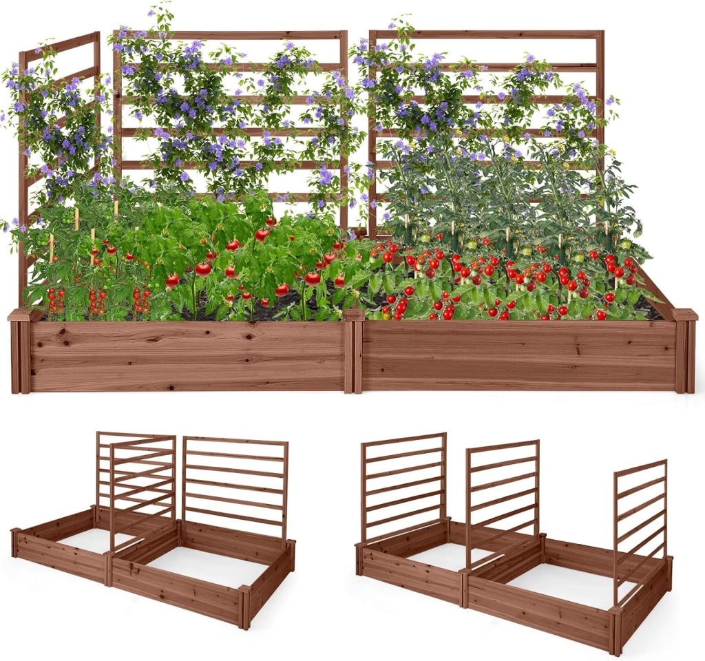 Letto Rialzato da Giardino con 2 Cassoni per Piantare e 3 Tralicci, Aiuola Rialzata da Giardino in Legno per Fiori, Erbe, Verdure, Frutta e Viti Rampicanti, 222 cm x 114 cm x 110 cm (Marrone)
