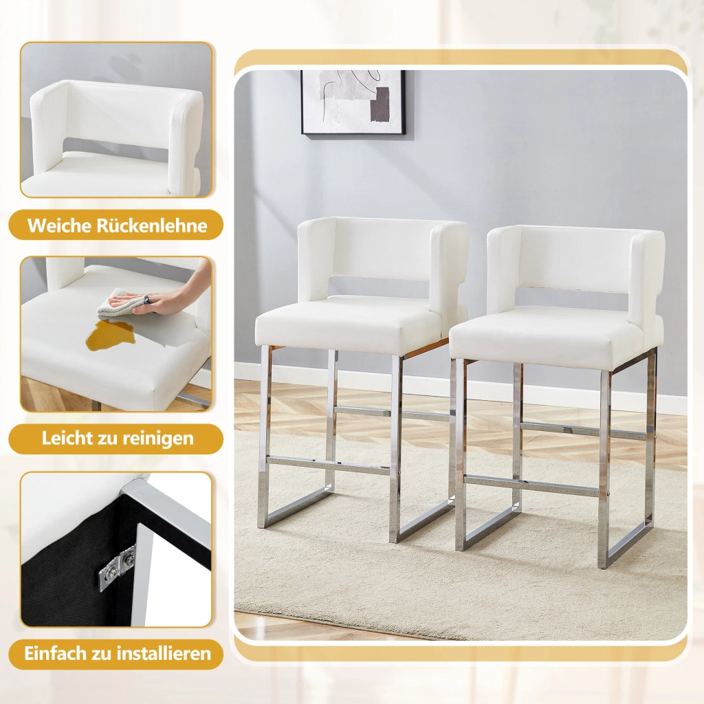 Sgabello da bar con seduta imbottita in PU, gambe in metallo argentato e design nordico, bianco e argento