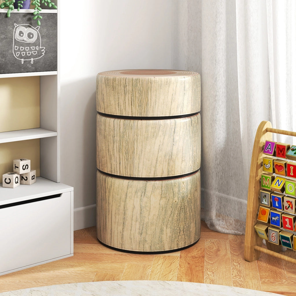 Set 3 sgabelli ceppo albero cuscini pavimento stampa legno altezze diverse-Sgabelli rotondi bambini aula casa asilo  tinta legno chiara