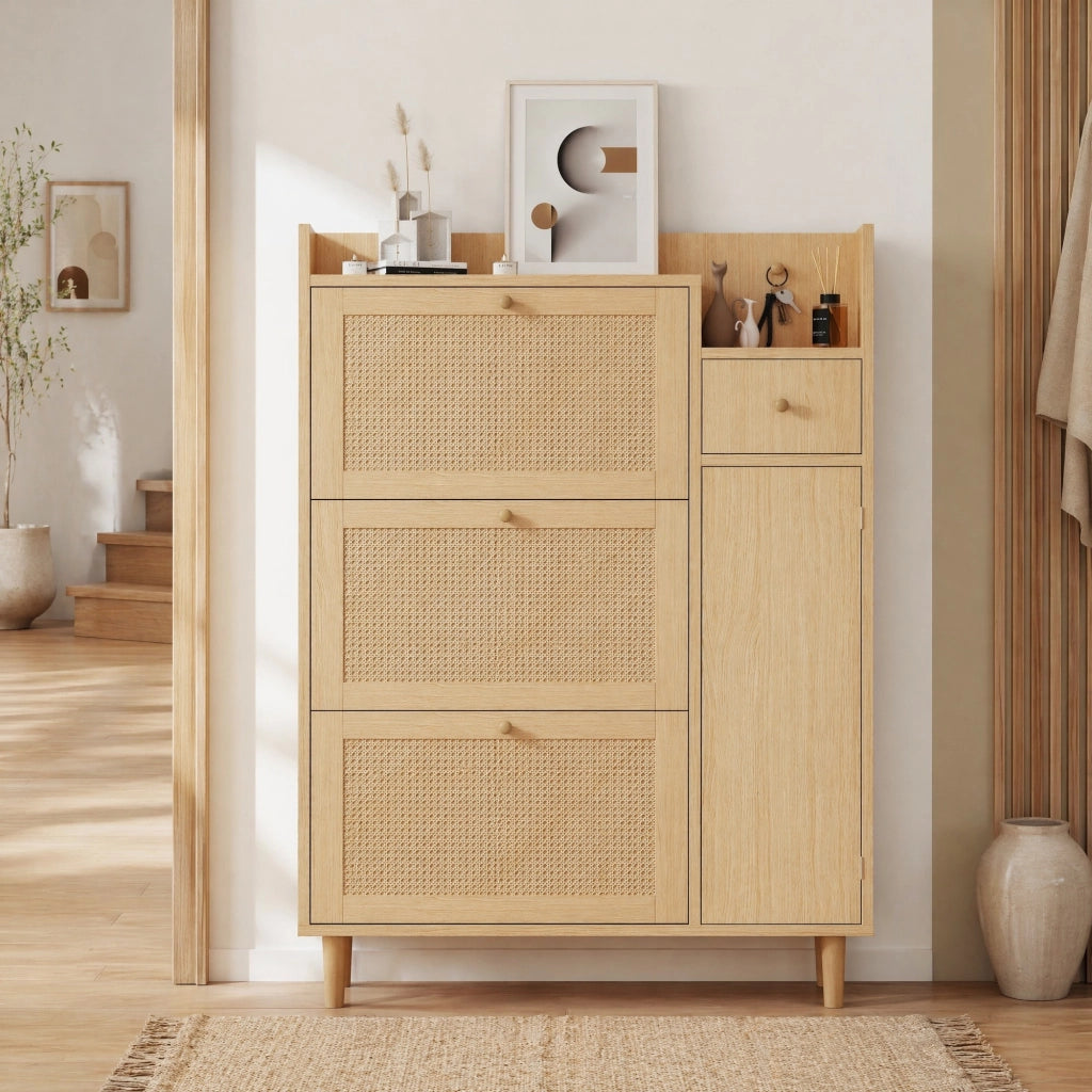 Armadio portascarpe salvaspazio in MDF con ante a ribalta, 1 cassetto e piedini in legno, colore naturale, 90 x 125 x 17 cm