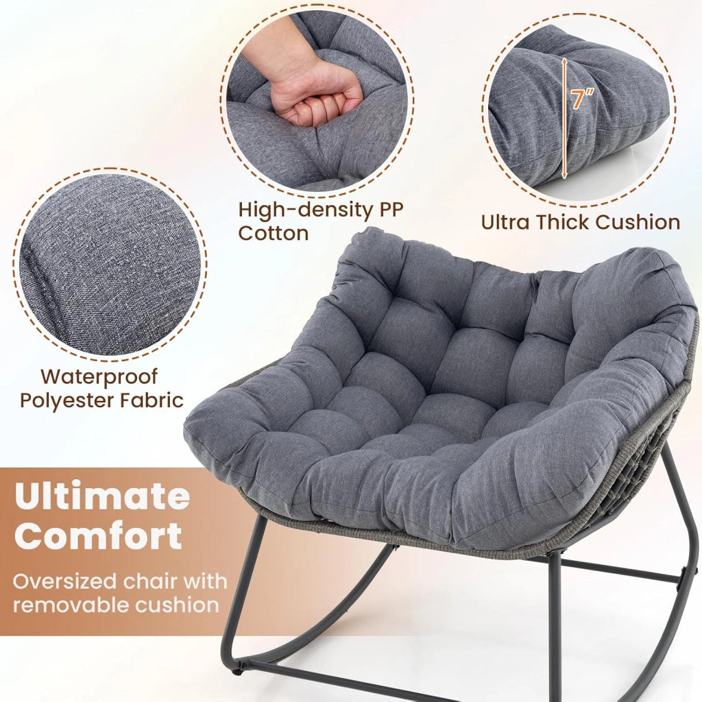 Sedia a Dondolo con Cuscino, Sedia da Relax Ampia e Avvolgente, con Struttura in Metallo, Seduta in Rattan, Cuscino Morbido Imbottito, per Soggiorno, Studio, Balcone, Nero (Grigio)
