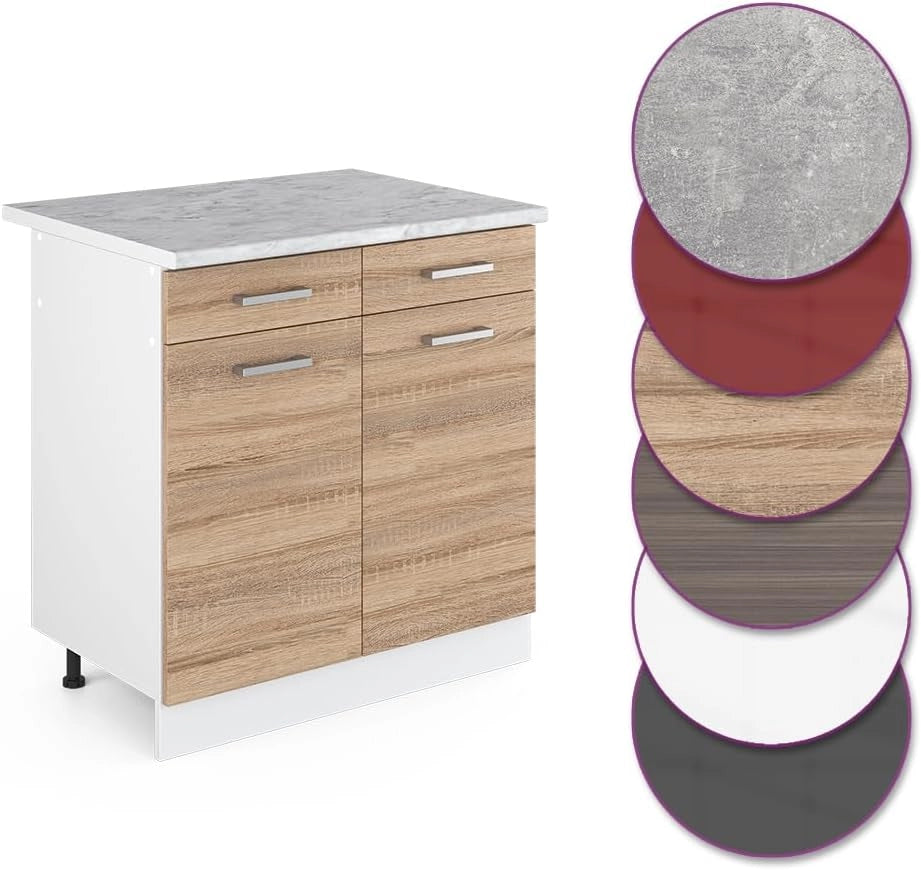 Mobiletto base per cucina R-Line, Sonoma, 80 cm, PL Marmo, per la libera combinazione all'interno di sistemi cucina modulari