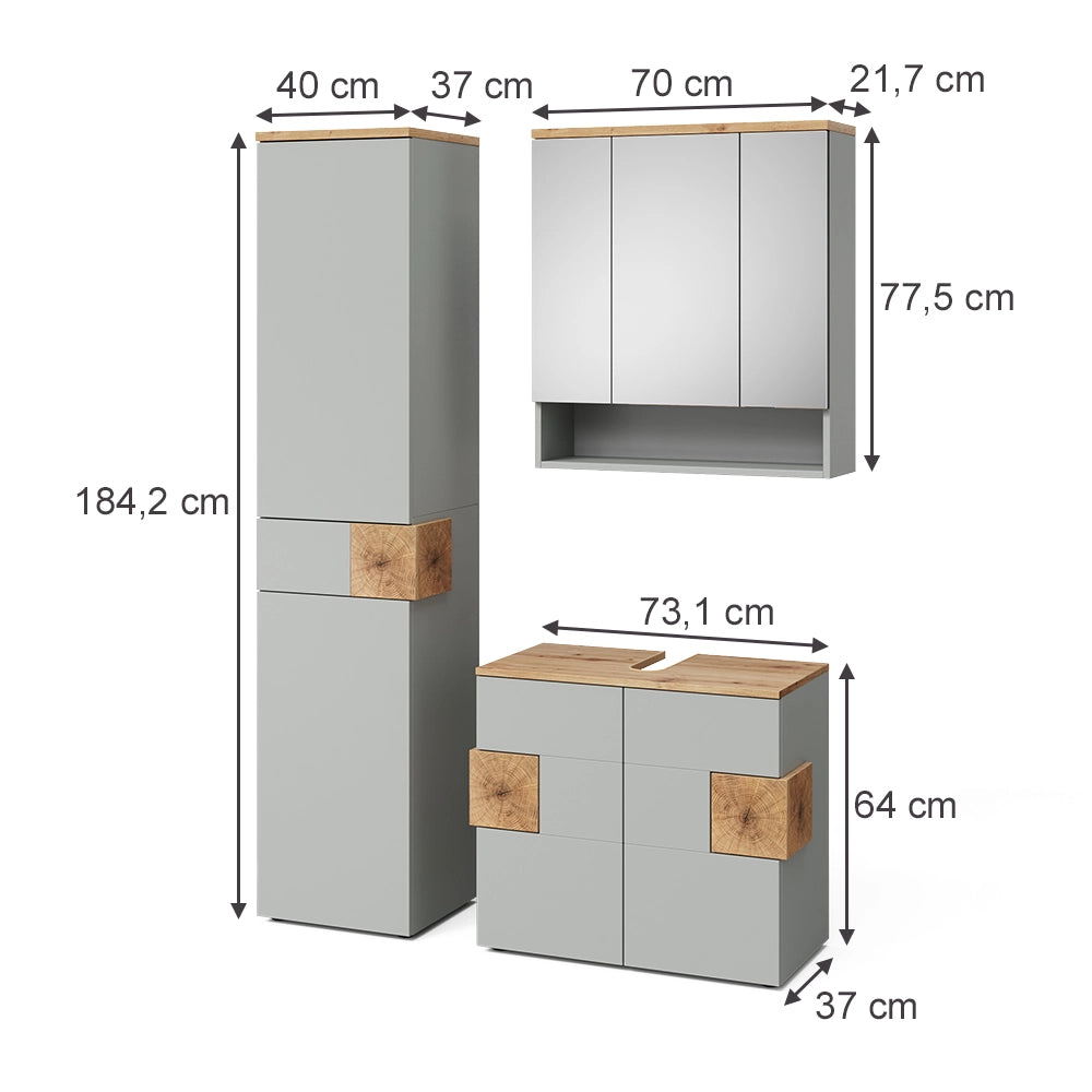 Vicco Set di mobili da bagno Grigio 3 parti