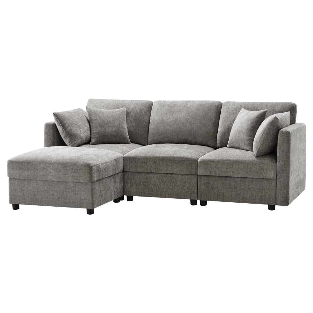 Divano Angolare 3 Posti con Poggiapiedi ¨C Xylo ¨C Grigio, Tessuto Chenille, Cuscini, Braccioli Regolabili