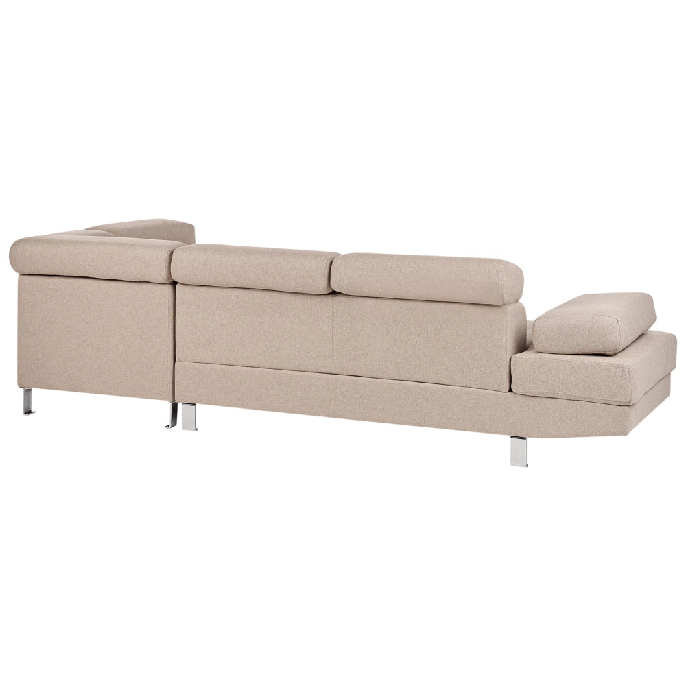 Divano angolare in tessuto beige con poggiatesta e braccioli regolabili a forma di L