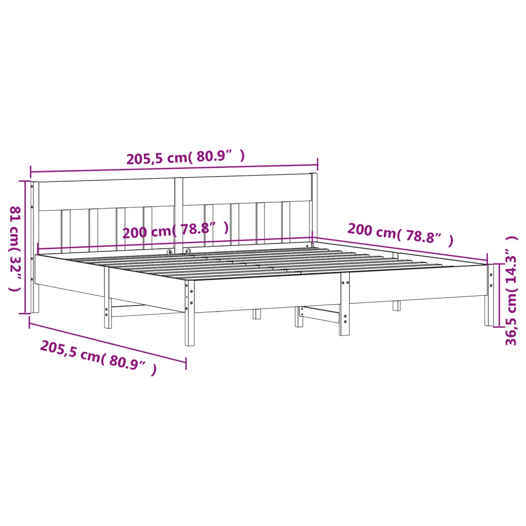 Letto matrimoniale | Letto per adulti | Giroletto senza Materasso 200x200 cm in Legno Massello di Pino