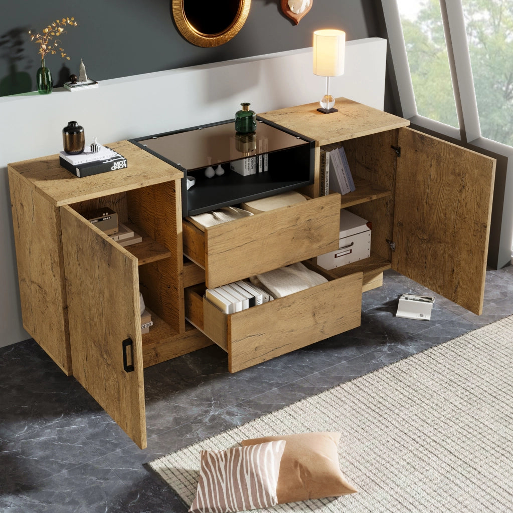 Credenza 140x40x70 cm con 2 cassetti; 2 ante e vano aperto in legno; vetro e metallo rovere chiaro