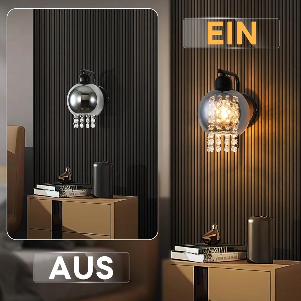 ZMH Applique da parete per interni E27 in vetro grigio fumé design lampada da parete in cristallo per letto scale