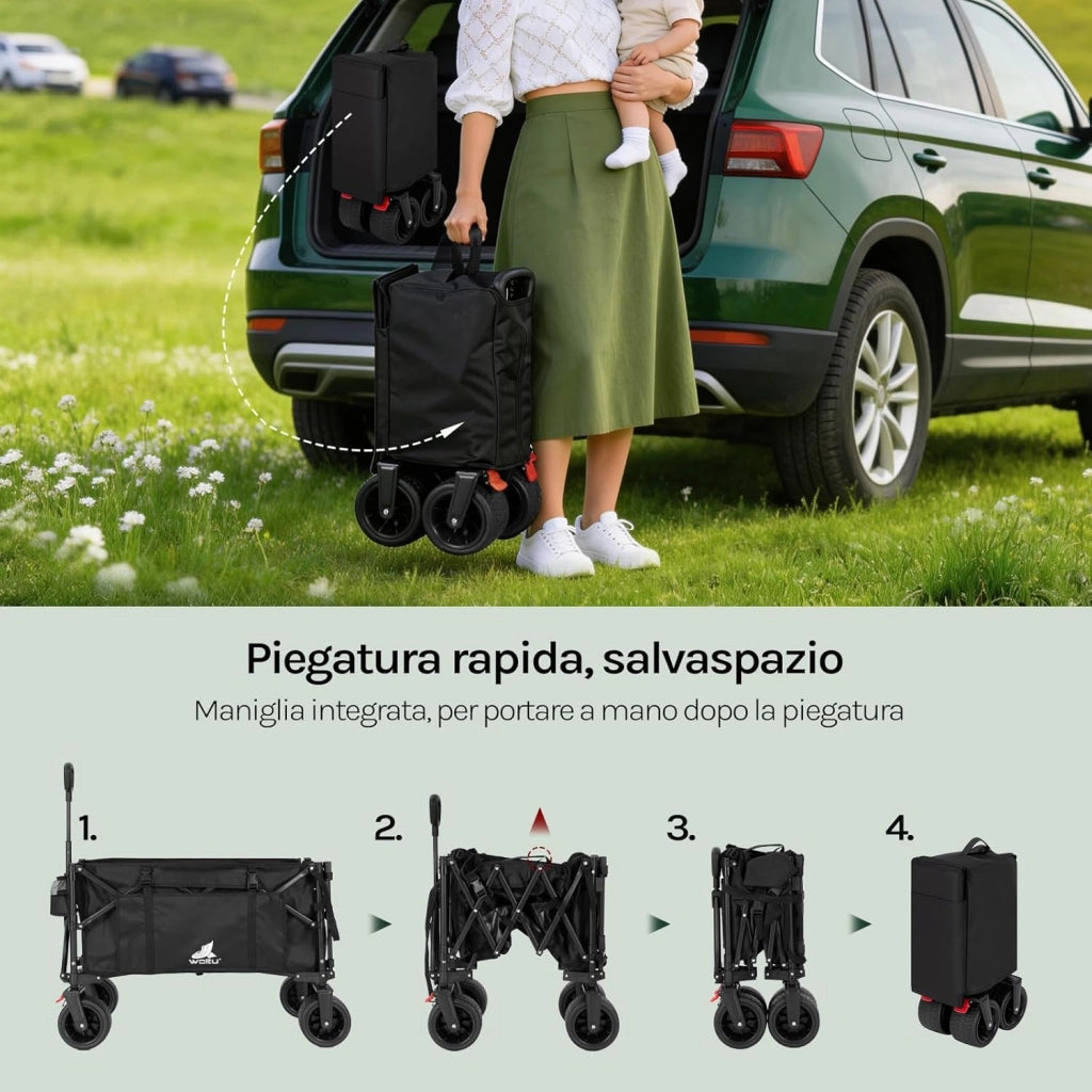 Carrello da Giardino con Ripiano Posteriore Ribaltabile, 205 L, Portata 180 kg, Carrello Pieghevole con 4 Ruote Grandi, Borsa Laterale, 2 Tasche Interne e 2 Portabicchieri, per Campeggio, Nero