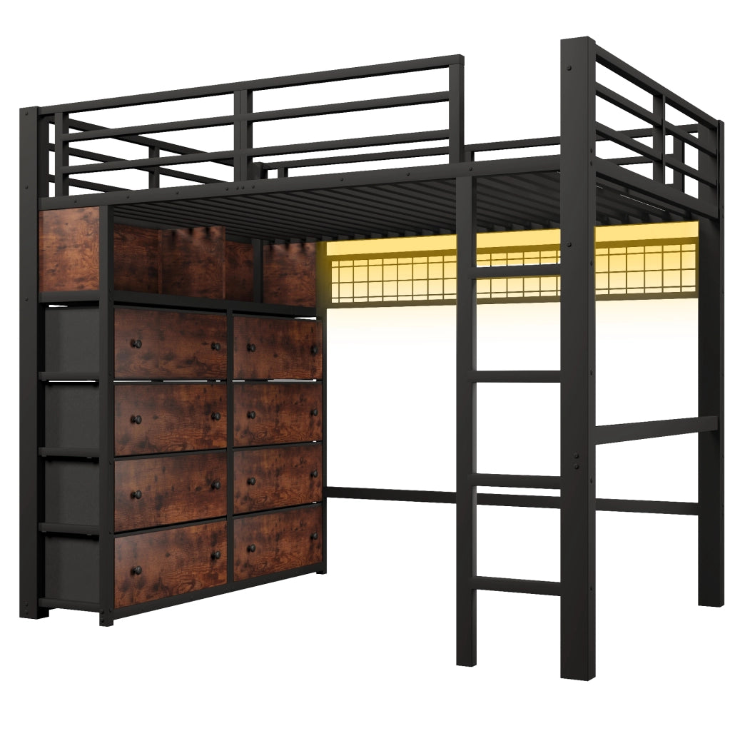 Letto a soppalco ULEVR 140x200 cm con 8 cassetti, ripiani, pannello forato e LED multicolore, nero