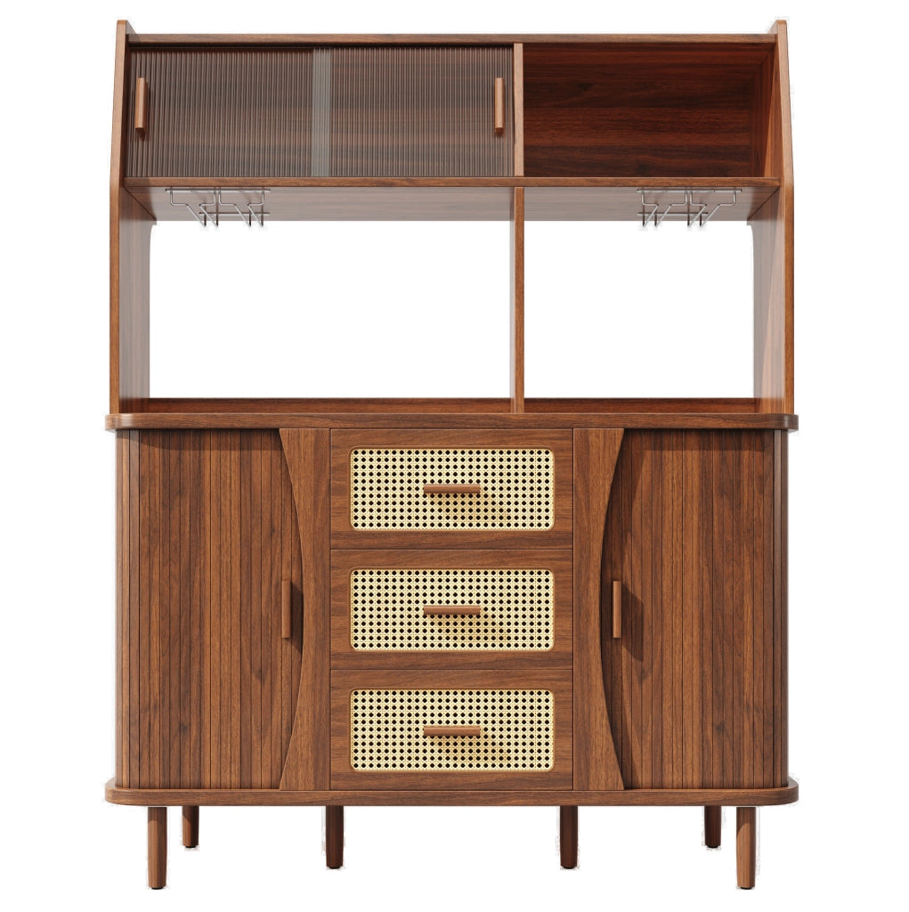 Credenza 140x40.5x174.5 cm con ante scorrevoli in vetro; 3 cassetti; MDF e metallo noce