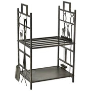 Portalegna in Ferro Battuto con Attrezzi per Camino, Manici e Base Rialzata, 51.5x33x77cm, Nero