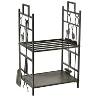 Portalegna in Ferro Battuto con Attrezzi per Camino, Manici e Base Rialzata, 51.5x33x77cm, Nero