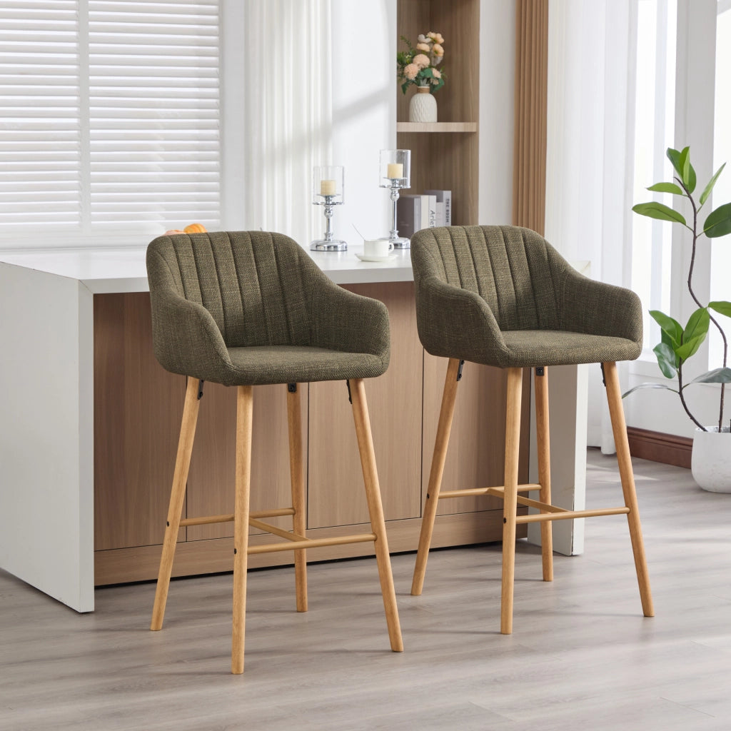 Set di 2 sgabelli da bar con schienale alto; braccioli e poggiapiedi; in lino verde; 104 cm