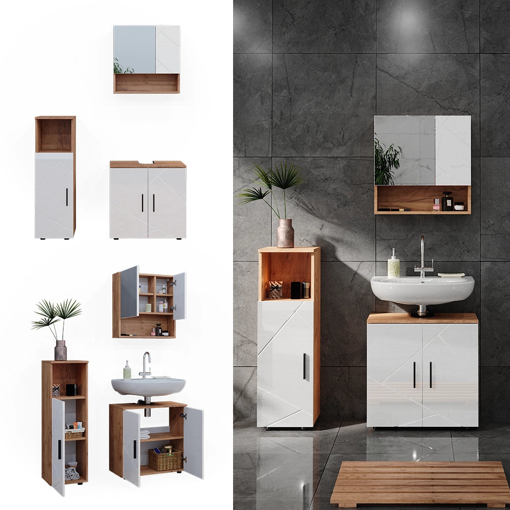 Vicco Set di mobili da bagno Bianco lucido/oro power oak 3 parti