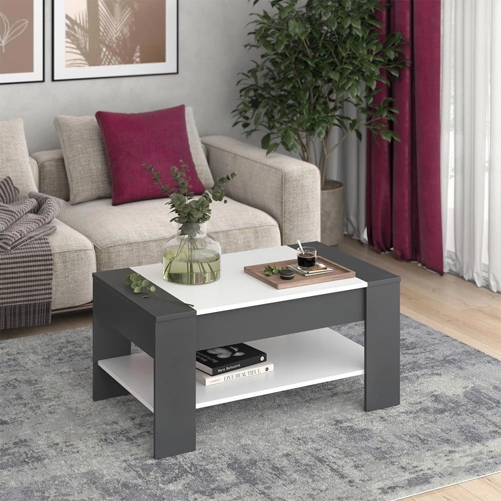 Tavolino August, Antracite/bianco, 99.6 x 58.8 cm con cassetto, con ripiano aperto per libri e riviste