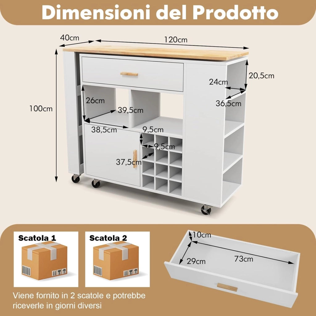 2 in 1 Carrello da Cucina, Carrello di Servizio Reversibile con Piano in Legno di Gomma, Ripiano Regolabile Porta Calici per 12 Bottiglie, 120x40x100 cm