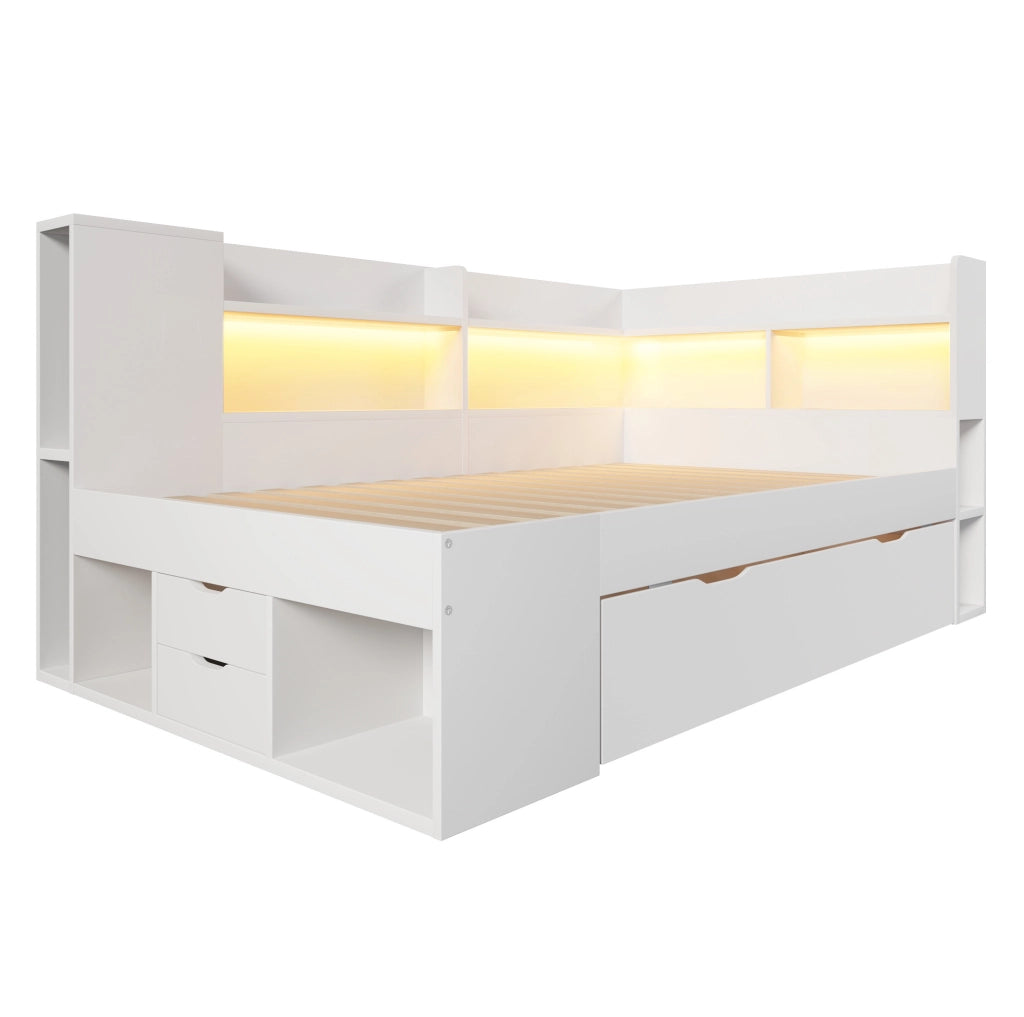 Letto una piazza con contenitore e LED 90x200 cm in legno bianco con USB e tipo C; con materasso