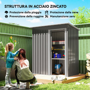 Capanno Box Attrezzi 163x89x182 cm con Tetto Inclinato e Porta Scorrevole in Acciaio e PP Grigio Chiaro