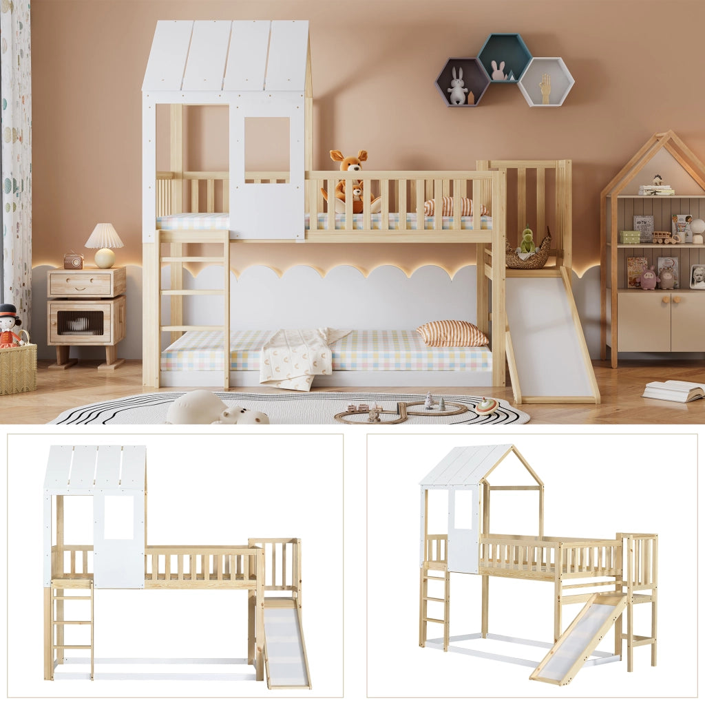 Letto a castello con scivolo e tetto naturale e bianco legno di pino 90x200 cm