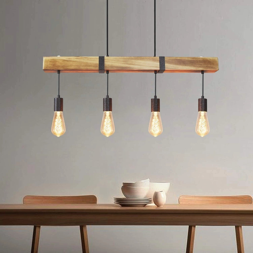 Lampada a sospensione ZMH retr¨° 4 lampadine E27 Diametro 80 cm con trave in legno Adatta per sala da pranzo e cucina