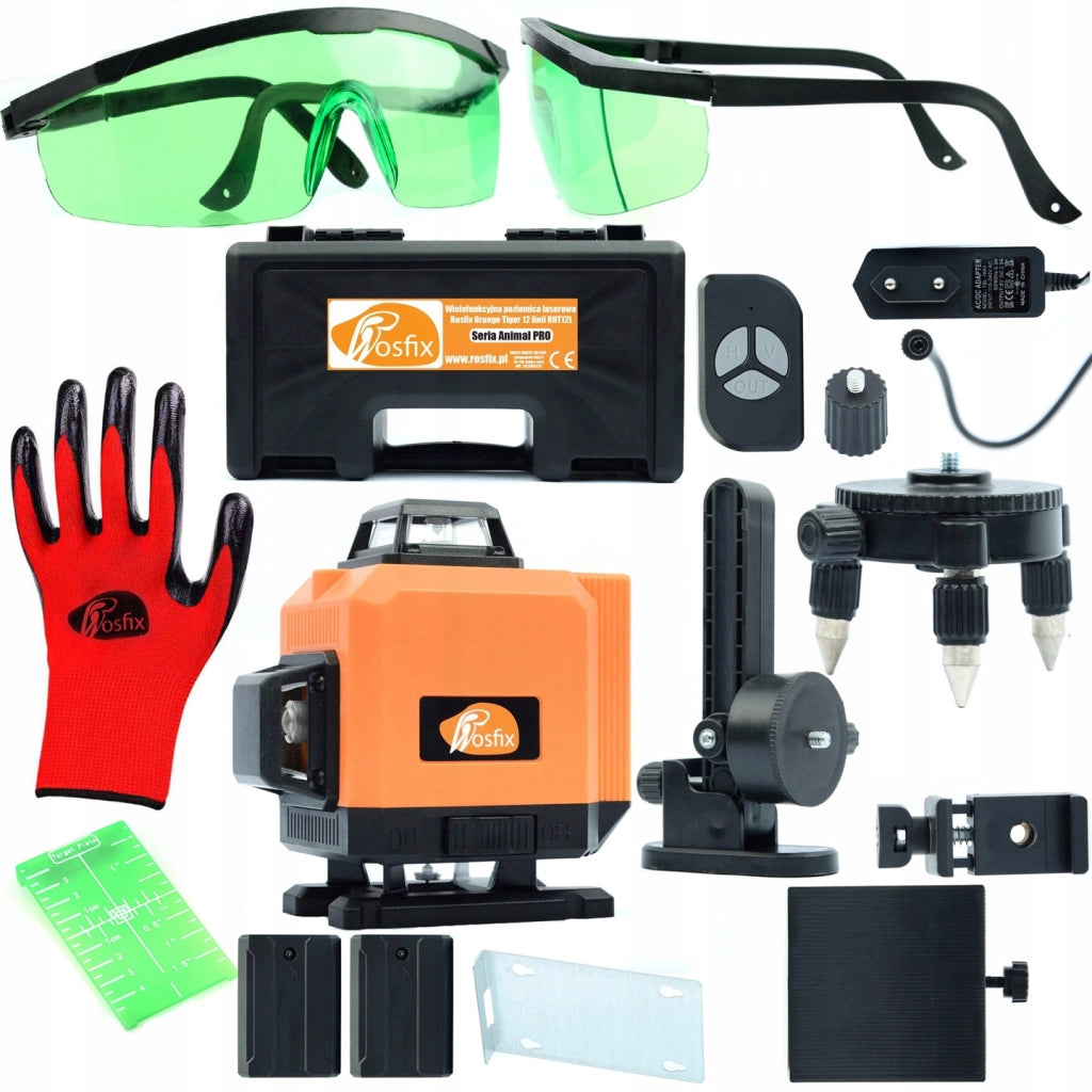 Livella Laser Rosfix Orange Tiger ROT12L – 12 Linee, 360° | IP54, -5°C a 50°C | Set con Occhiali Protettivi e Guanti