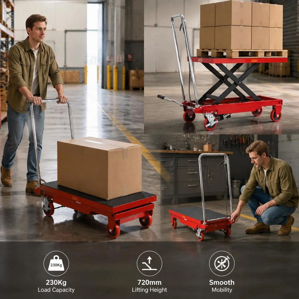 Hydraulic Scissor Lift Table, 230 Kg Load Capacity, Lift Table Trolley, 220–720 Mm Lifting Range, Workshop Lift Table, 700 X 450 Mm Platform, Scissor Lift Trolley, Single Scissor, Red, Factories, Warehouses, Supermarkets