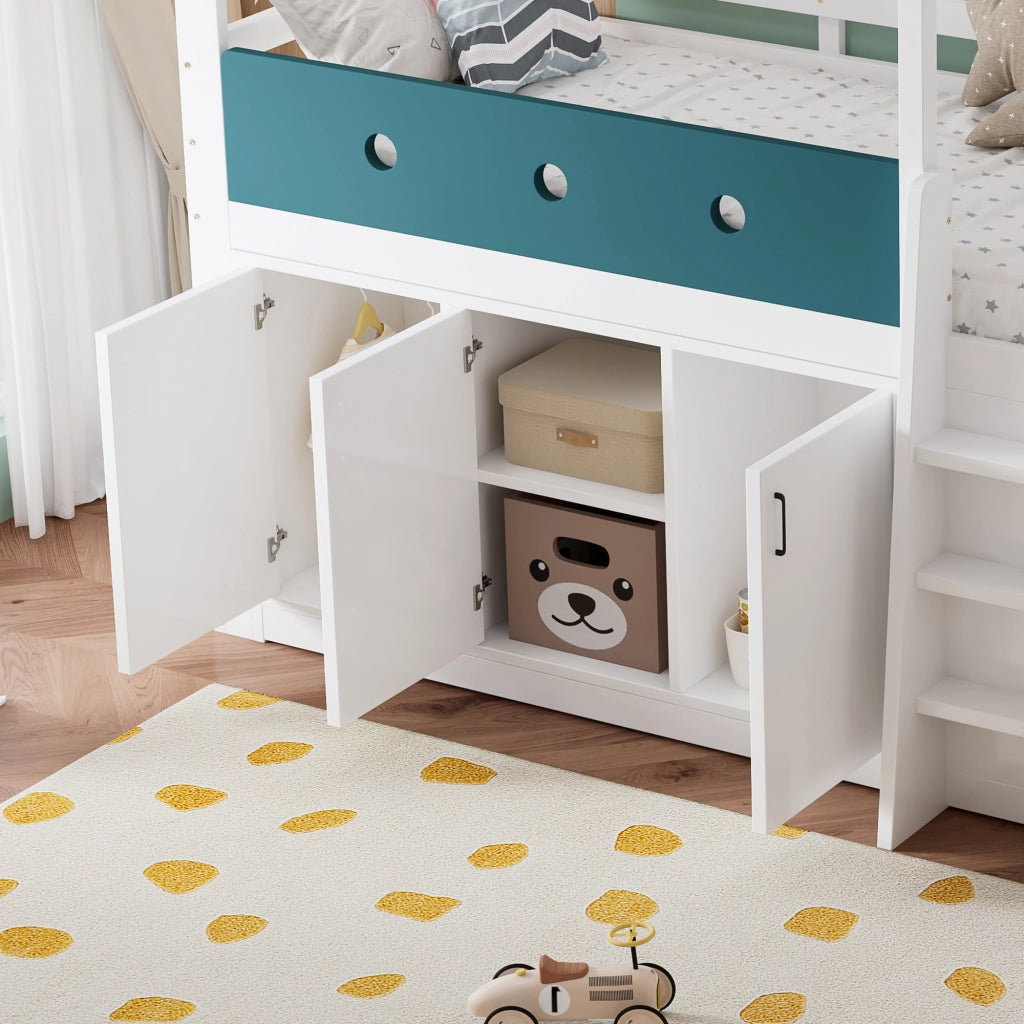 Letto per bambini 90x200 cm a forma di casa; con spazio gioco e armadio in legno e MDF bianco