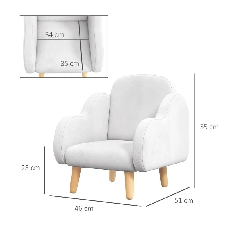 POLTRONA PER BAMBINI IN STILE SCANDINAVO CON BRACCIOLI A NUVOLA IN TESSUTO BIANCO, 46X51X55 CM