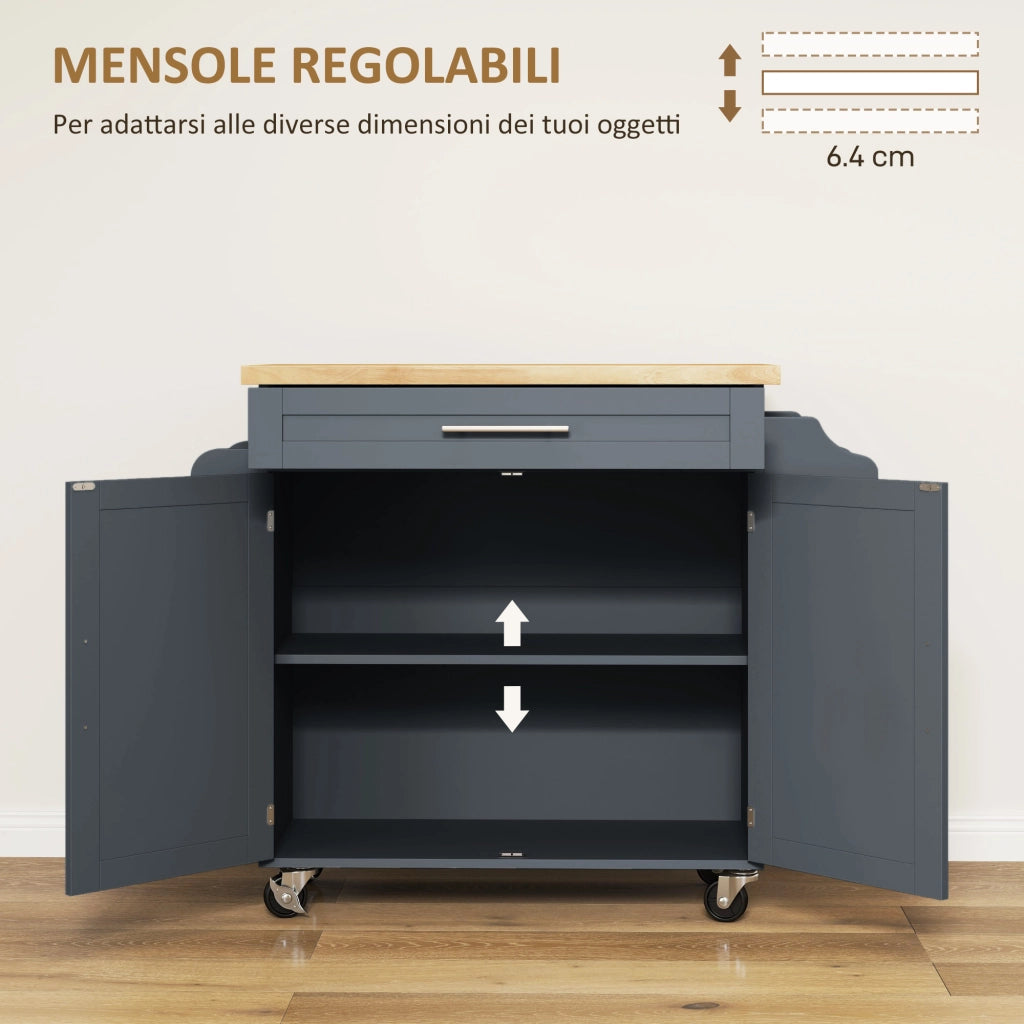 Carrello da Cucina con Cassetto e Armadietto ¨C zephmum ¨C Grigio e Legno 109x40x89 cm