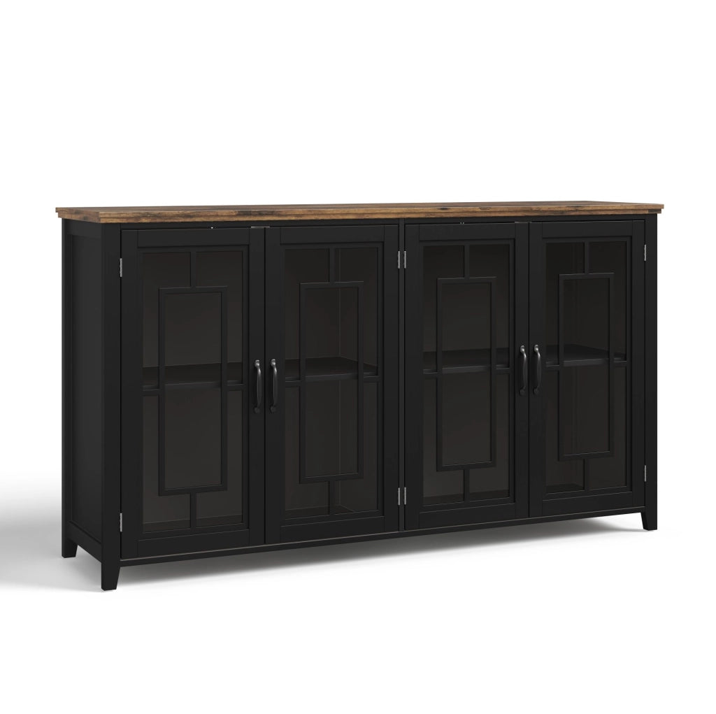 Credenza da cucina 160 cm con ante in vetro; piano effetto legno; nero