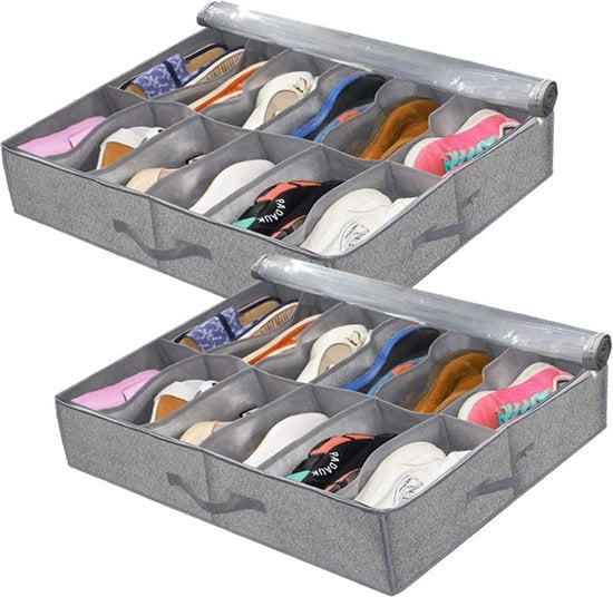Cassetto per scarpe da riporre sotto il letto, 2 pezzi, organizzatore per scarpe sotto il letto con 24 contenitori, scatola per riporre le scarpe pieghevole con coperchio, ripostiglio per scarpe, spazio risparmiato sotto il letto