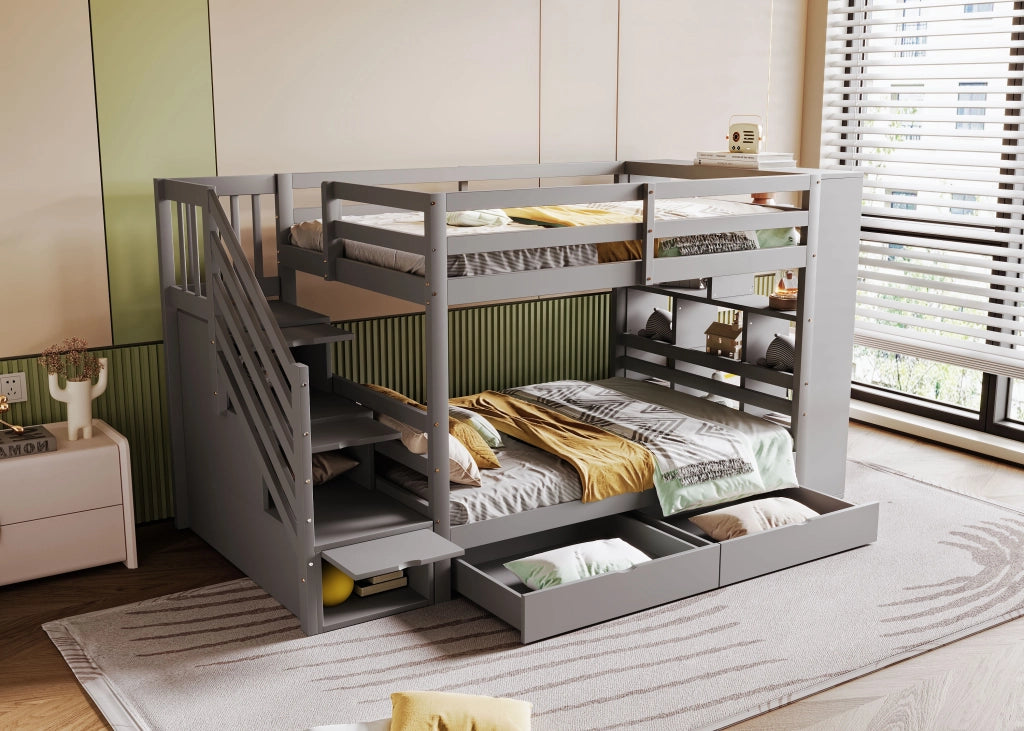 LETTO A CASTELLO 90x200 cm in Legno Grigio con Scala Contenitore e Cassetti