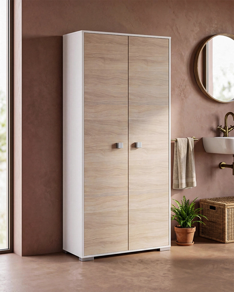 Armadio multiuso Sonia 2 ante - Mobile portascopa salvaspazio - 6 ripiani interni e un vano portascope - Colore ante Olmo e struttura Bianco - 75x180x35 cm_