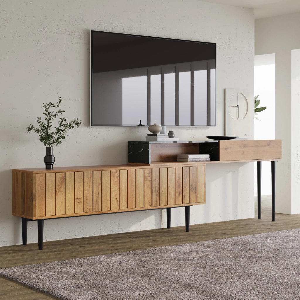Mobile TV con Ripiani Aperti; Bordi in PVC; Gambe in Ferro per Soggiorno in MDF; Legno Naturale