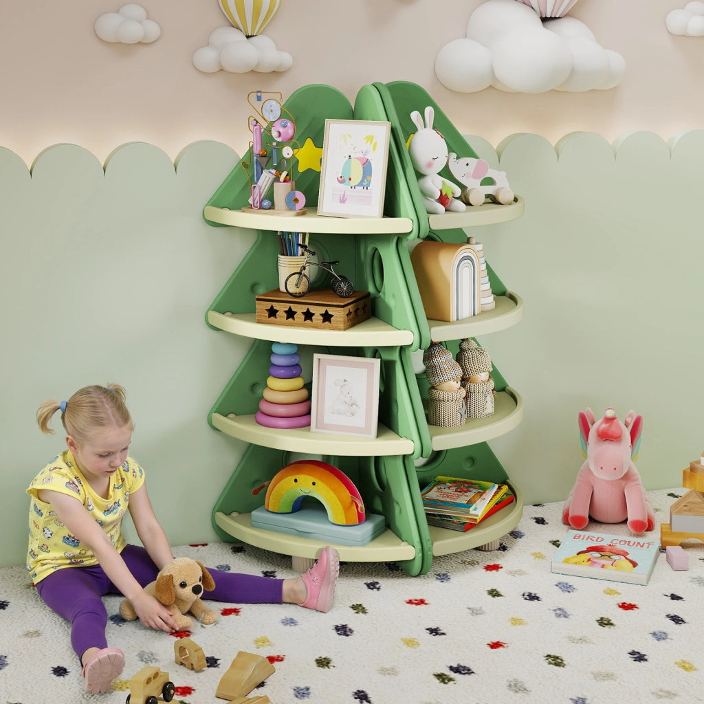 Scaffale bambini angolo albero natale 4 ripiani stretto giocattoli-Scaffale espositore neonati camera bambini asilo sala giochi