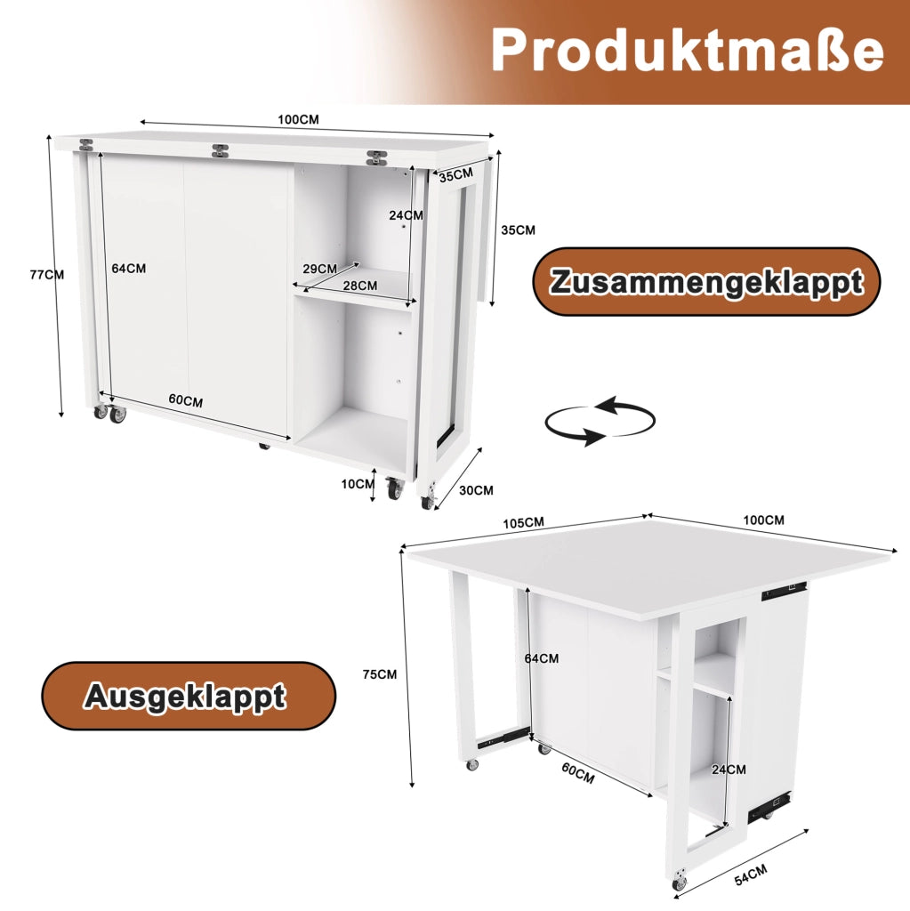 Tavolo pieghevole multifunzione bianco 105 x 100 cm in MDF con ruote bloccabili