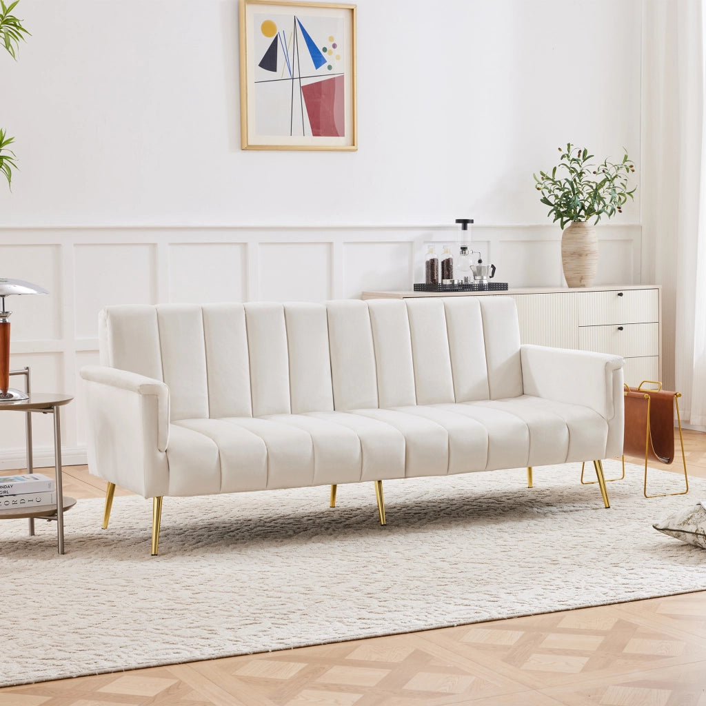 Divano letto convertibile con schienale e braccioli regolabili, gambe in metallo in velluto beige 183 × 76 × 75 cm