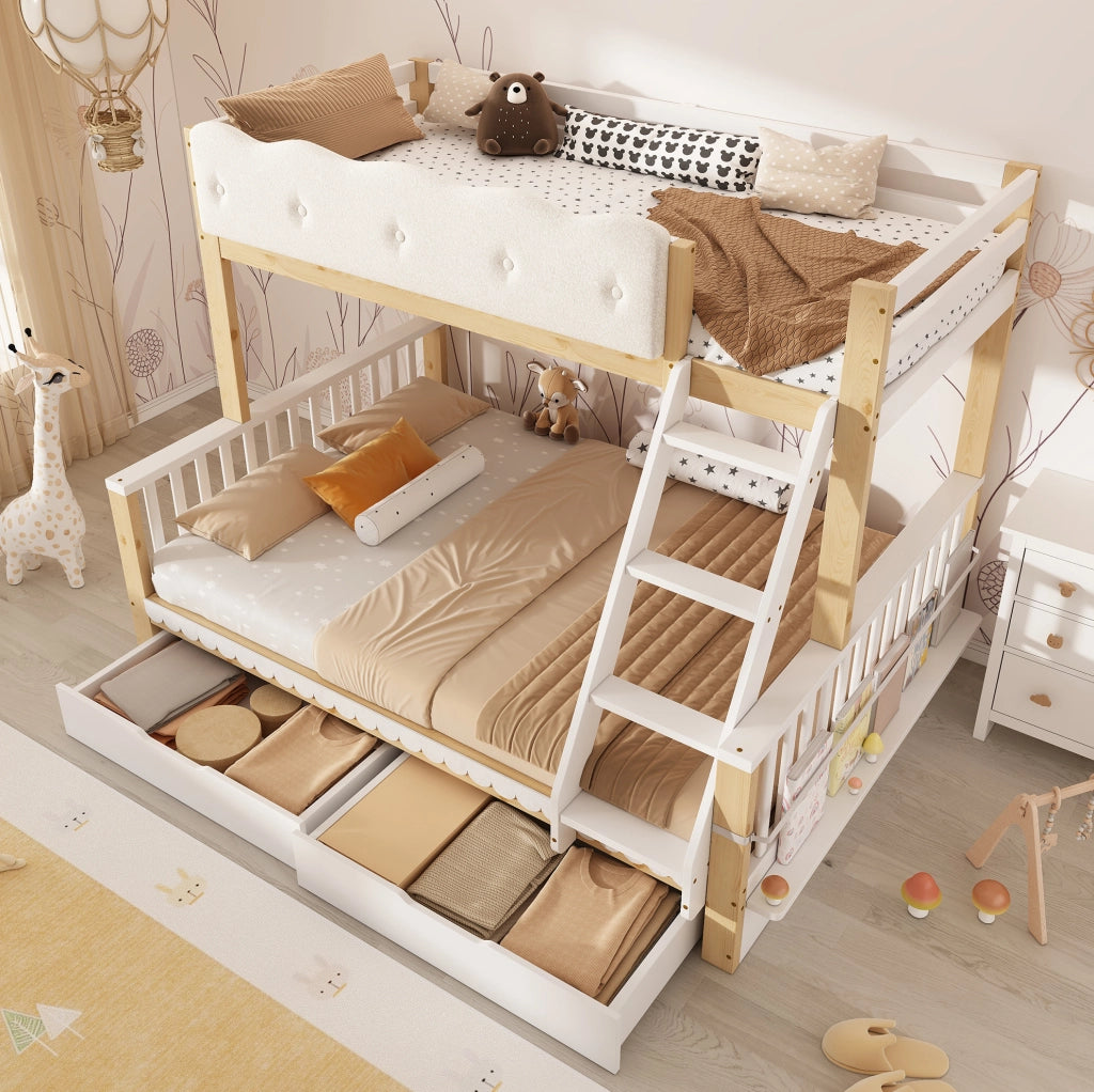 Letto a castello 90x200/140x200 cm con cassetti e portariviste; bianco e rovere