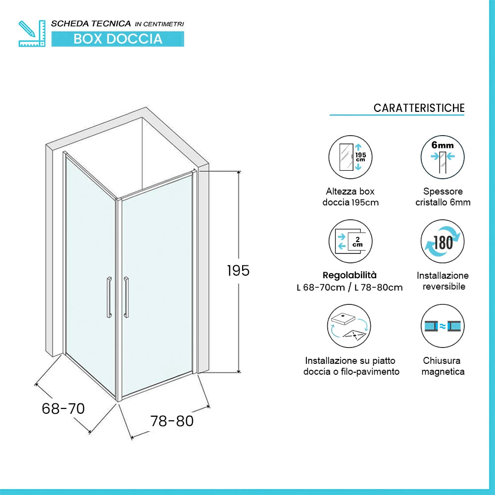 Box doccia angolare 70x80 in vetro temperato doppio battente con profili cromo Neos