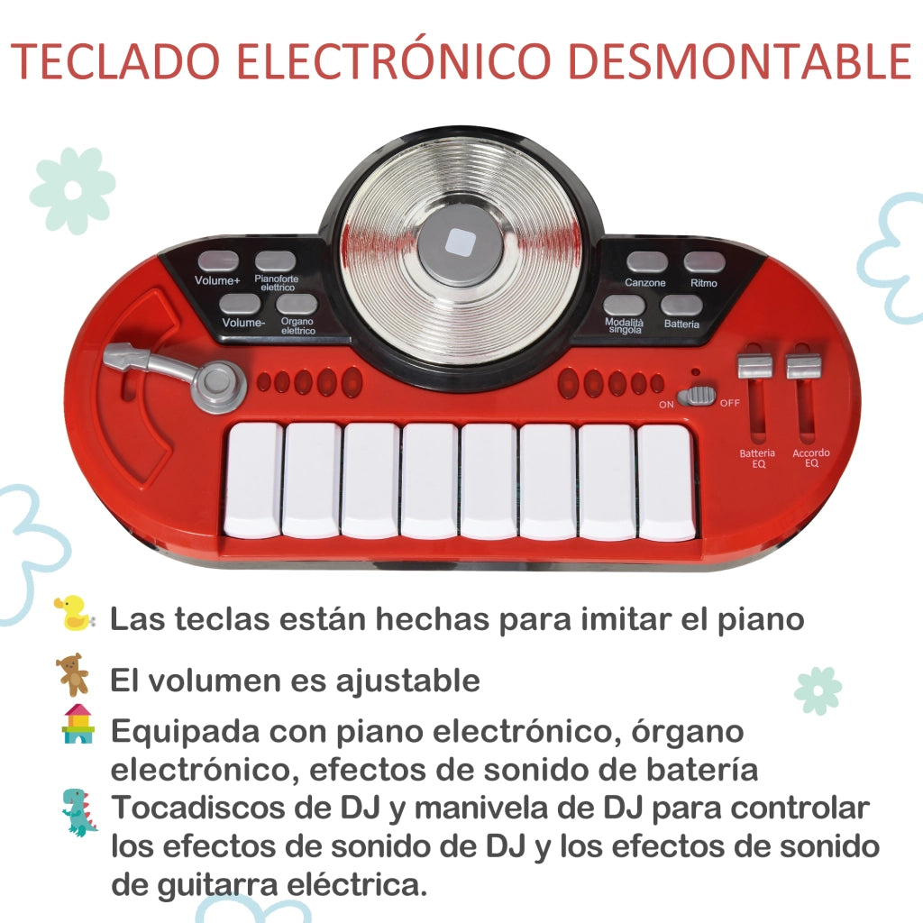 Batteria Musicale per Bambini con Sgabello ¨C Xylo ¨C 4 Tamburi, Microfono, Piatti, Bacchette, Rosso, +3 Anni