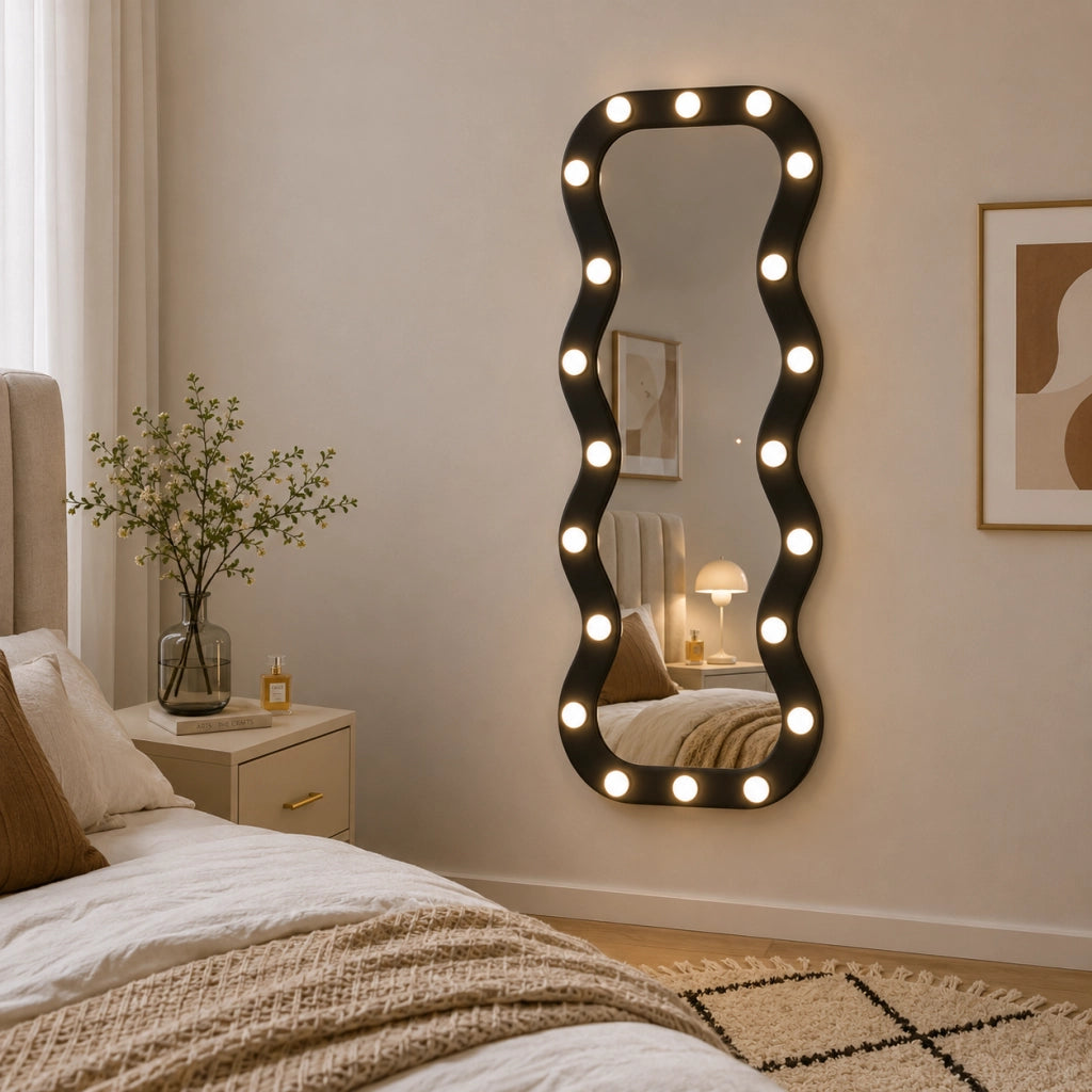 Specchio Grande Ondulato 60x160 cm con 20 Led, Cornice in Velluto Nero Moderno Accensione Touch