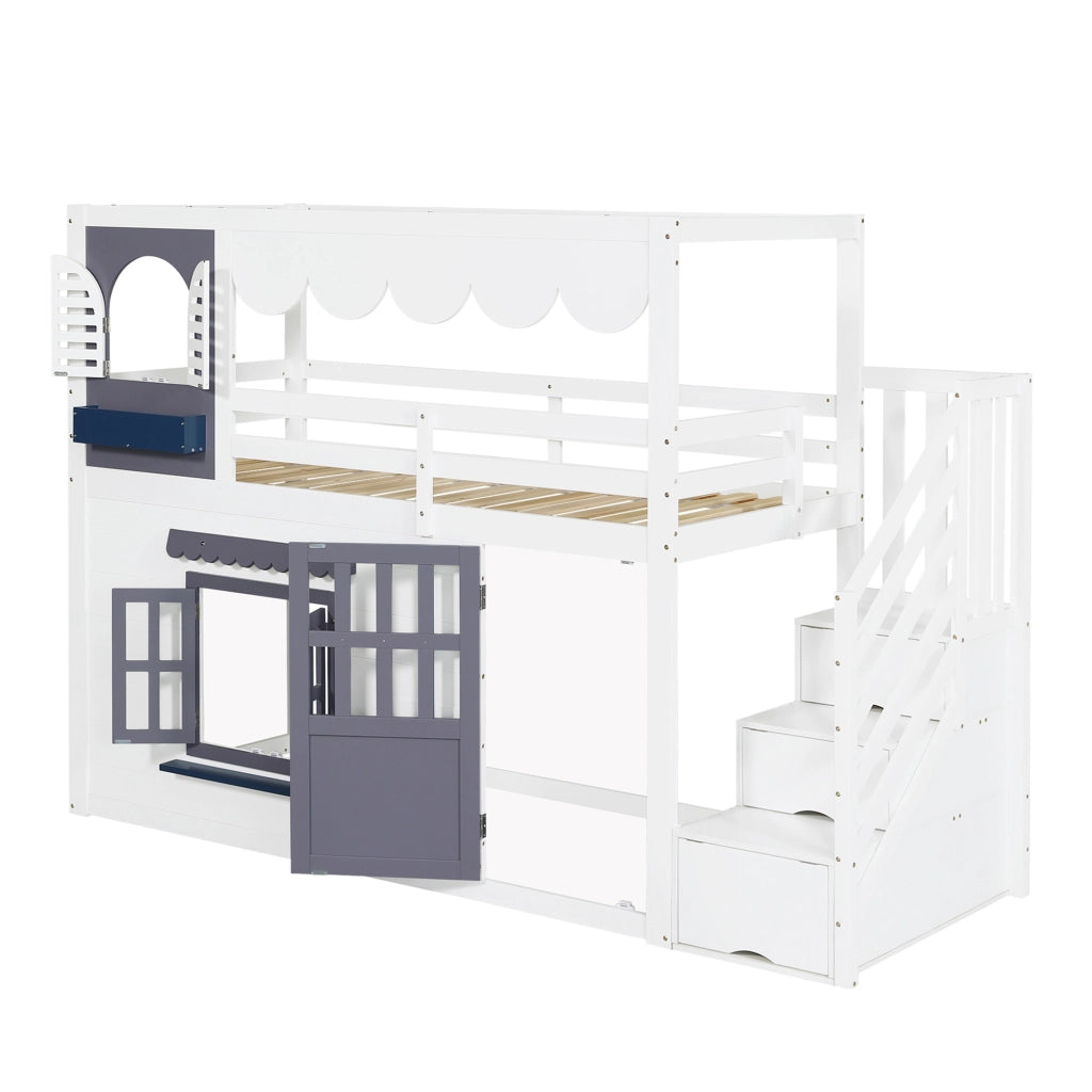 Letto semialto per bambini 90x200 cm con design a casetta; scala contenitore bianco e blu