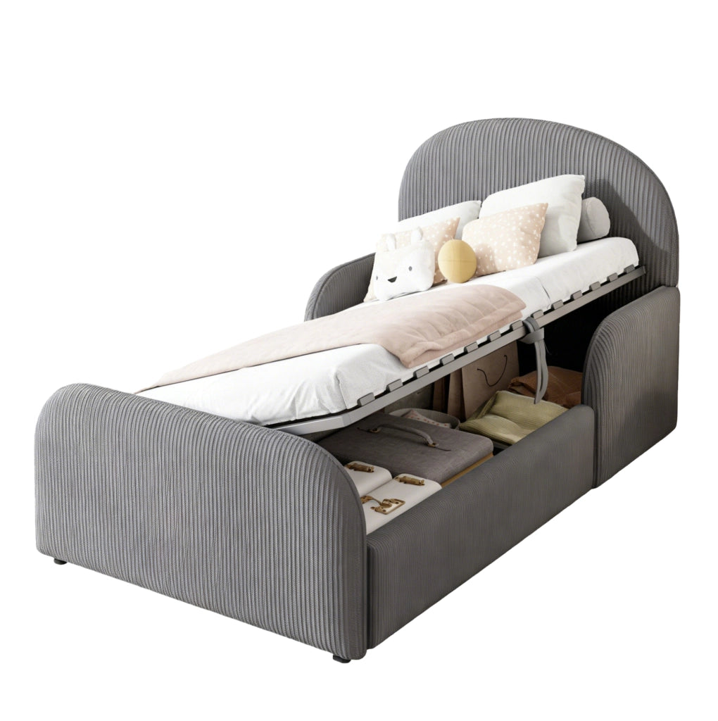 Letto imbottito 90x200 cm con contenitore idraulico; testiera alta in velluto grigio