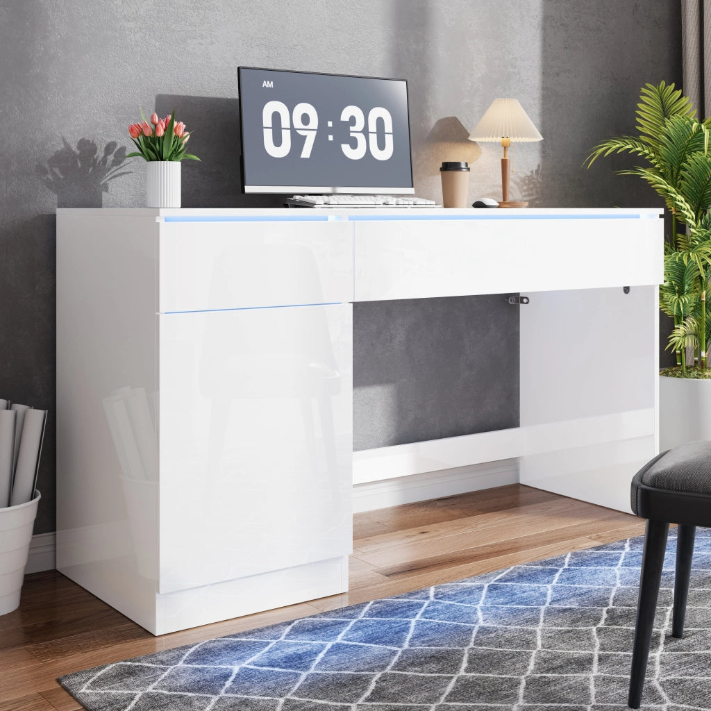 Scrivania con 2 cassetti; 1 anta e illuminazione LED - per studio - 120×50×78 cm - bianca