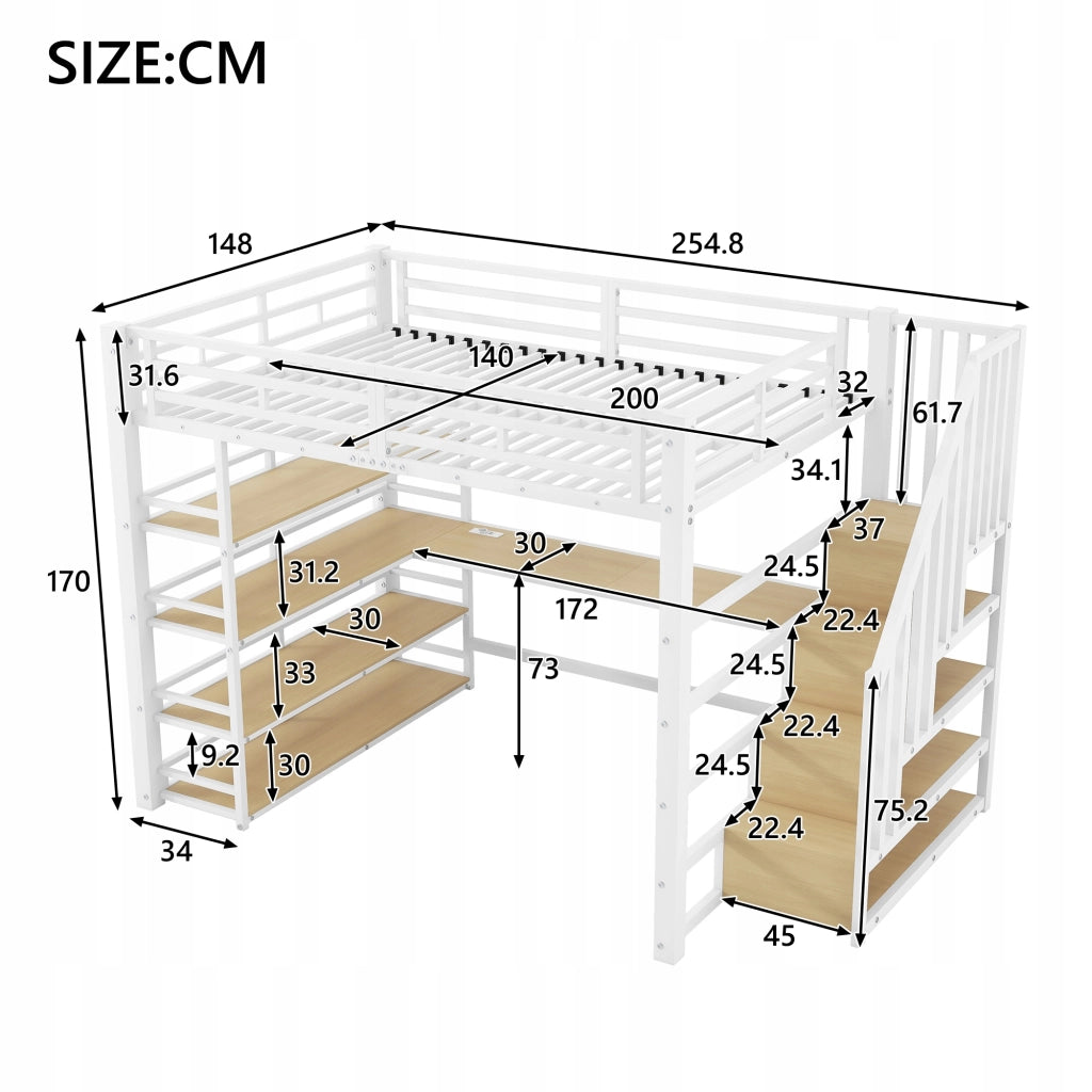 Letto a soppalco con scrivania - Xylo - 140x200 - Bianco - LED, USB, scale