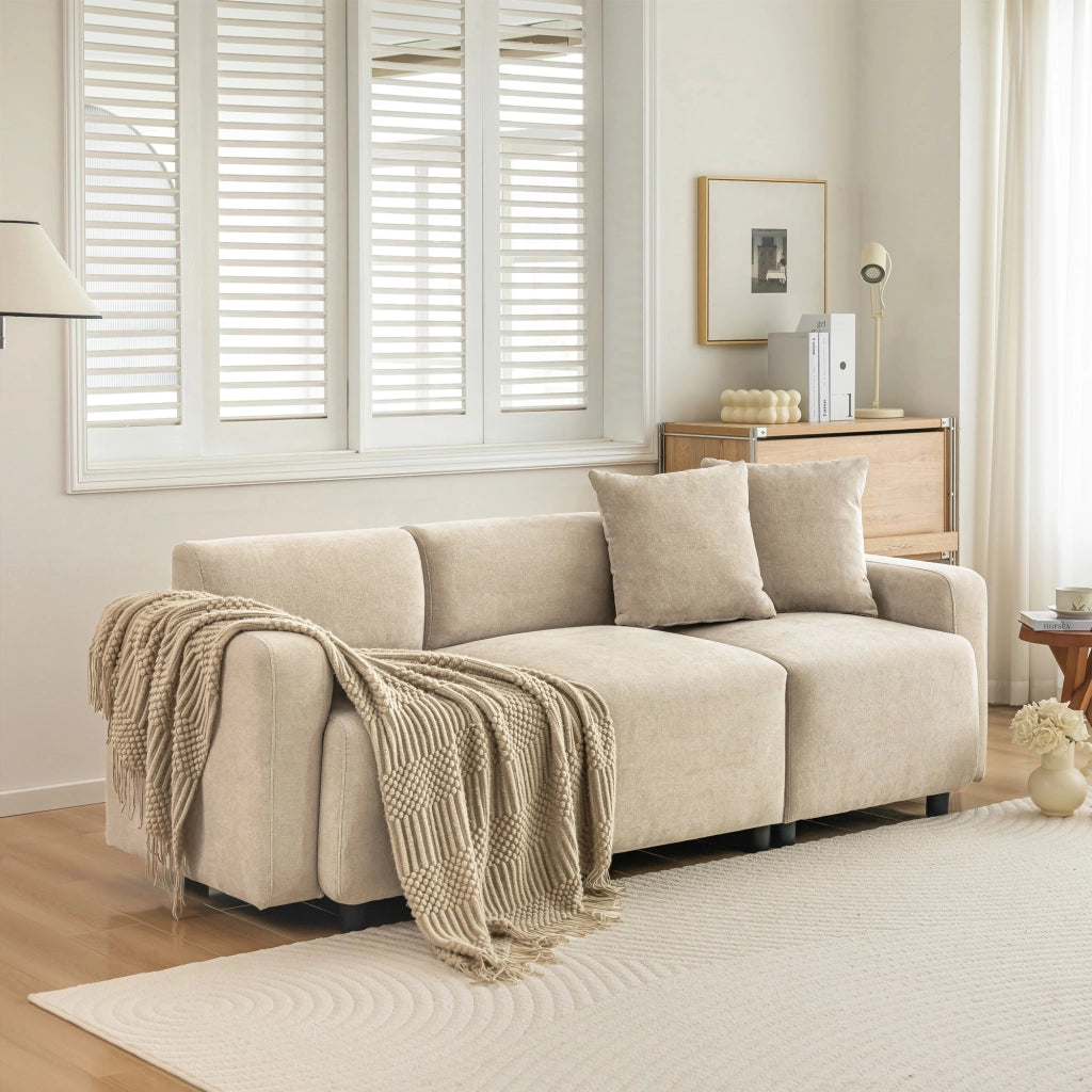 OKWISH Divano Lineare 3 Posti, Seduta Ampia con Schienale Alto e 2 Cuscini, Ciniglia Beige, 211 x 67 x 71 cm